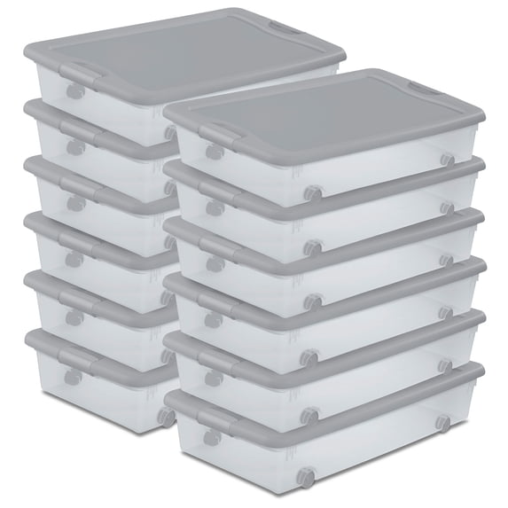 Sterilite 56 Qt Wheeled Under Bed Storage Container, Plastic Bin, Silver Tint, 12 Pack