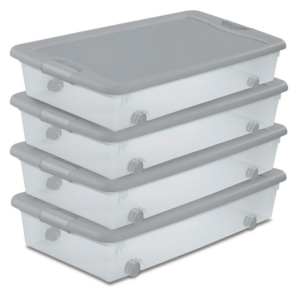 Sterilite 56 Qt Wheeled Under Bed Storage Container, Plastic Bin, Silver Tint, 4 Pack
