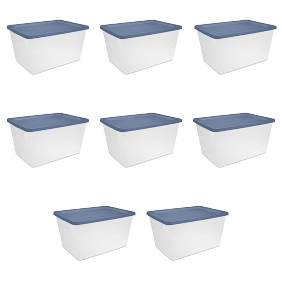 Sterilite 58 Quart Storage Box, Clear Plastic Storage Bin with Snap-On Lid, Blue, 8 Count