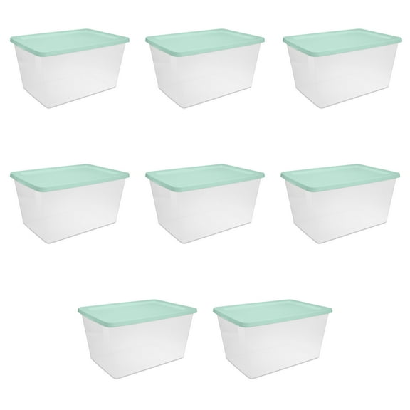 Sterilite Storage Bin, 58 Quart Clear Plastic Storage Container with Snap-On Lid, Mint, 8 Pack