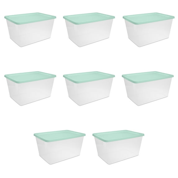 Sterilite Storage Bin, 58 Quart Clear Plastic Storage Container with Snap-On Lid, Mint, 8 Pack