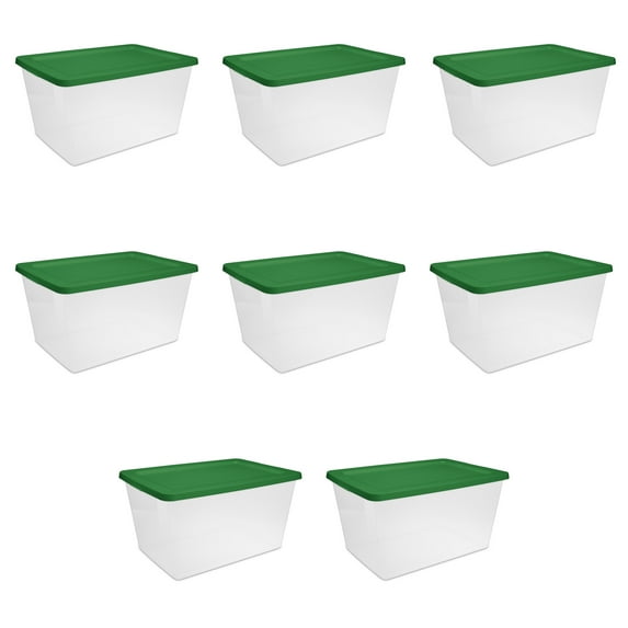Sterilite Small Storage Bin, 58 Quart Clear Plastic Storage Container with Snap-On Lid, Green, Pack of 8