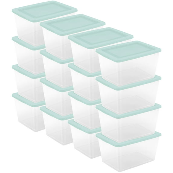 Sterilite 58 Qt Storage Boxes, Clear Plastic Containers with Snap Lids, Set of 16, Mint
