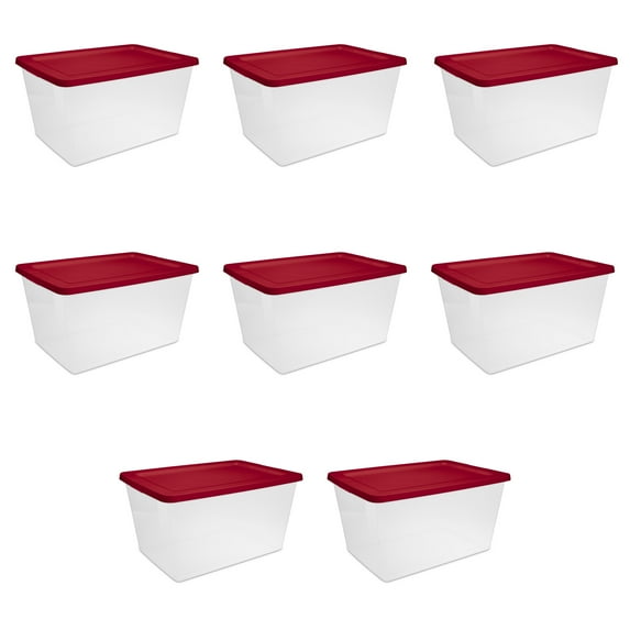 Sterilite Storage Bin, 58 Quart Clear Plastic Storage Container with Snap-On Lid, Red, 8 Pack