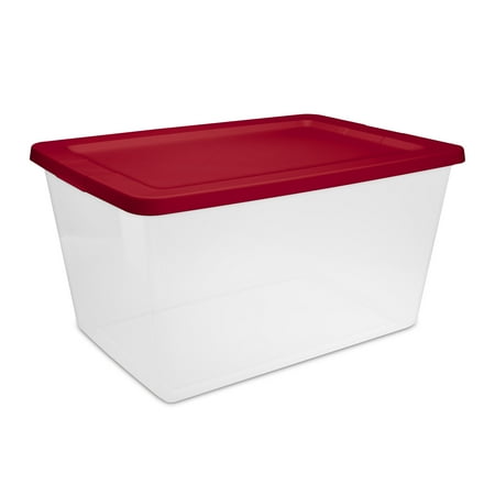 Sterilite 56 Quart Storage Box, Clear Plastic Christmas Storage Bin with Snap-on Lid, Ideal for Holiday Linens, Décor, Keepsakes and More, Red
