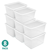 Sterilite 58 Quart Storage Box, Clear Plastic Storage Bin with Snap-on Lid, White, 8 Pack