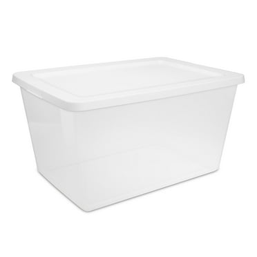Sterilite Small Storage Bin, 58 Quart Clear Plastic Storage Container with Snap-On Lid, White