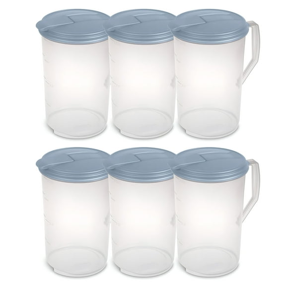 Sterilite 6 Pack 1 Gal Round Pitcher, Flip Lid Drink Dispenser Jug, Washed Blue