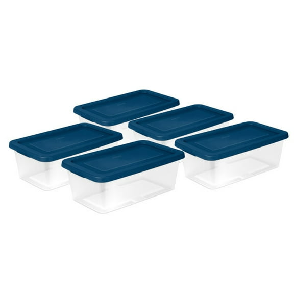 Sterilite 6 Qt Storage Boxes, Clear Plastic Containers with Snap Lids, Set of 5, Blue