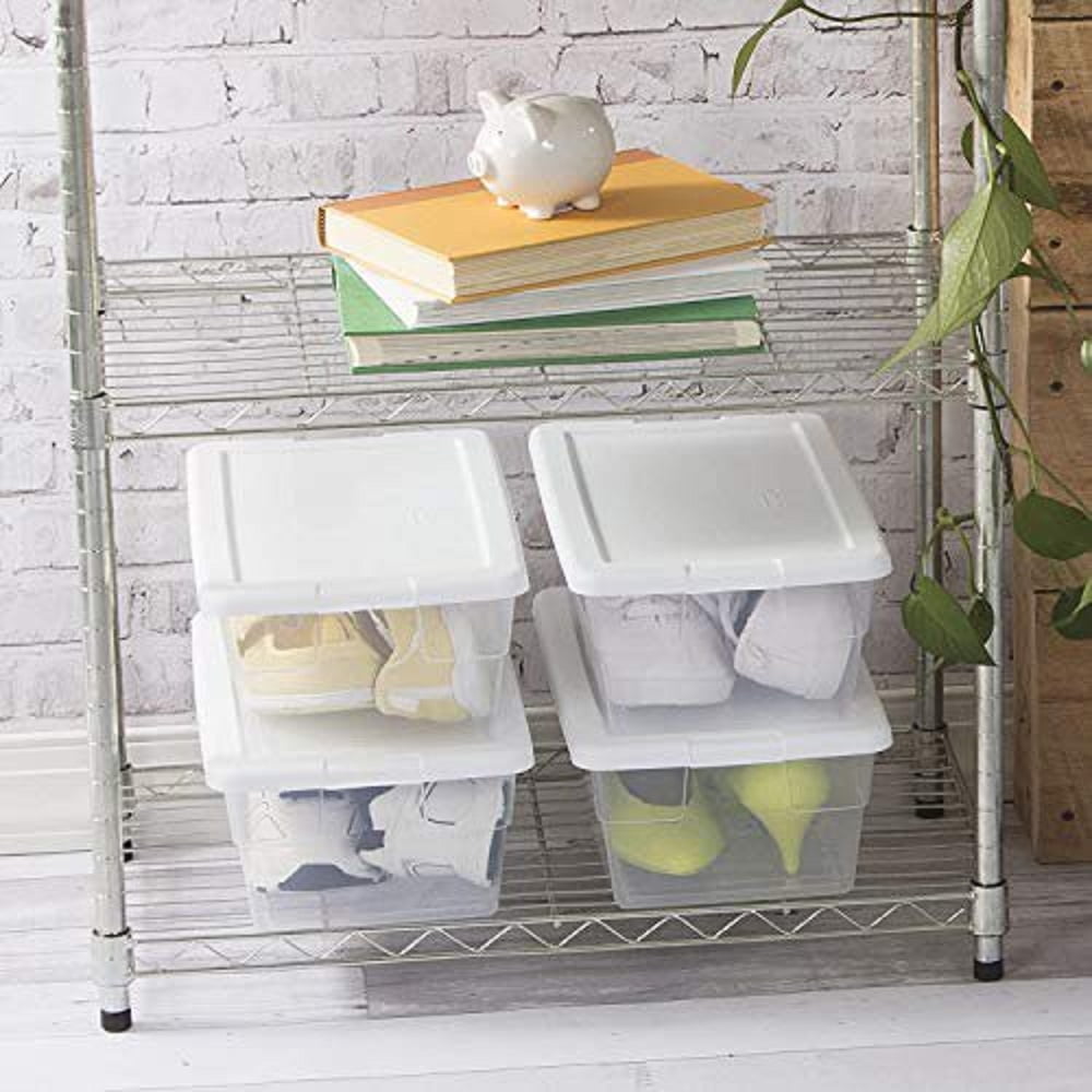 Sterilite 6 Qt Storage Box, Stackable Bin with Lid, Organize Shoes, Crafts  in Home, Office, School, Closet, Clear with White Lid, 1-pack