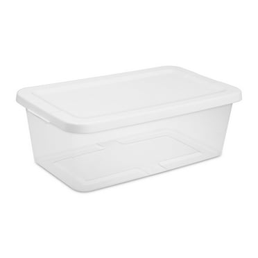 Sterilite Small Storage Bin, 6 Quart Clear Plastic Storage Container with Snap-On Lid, White