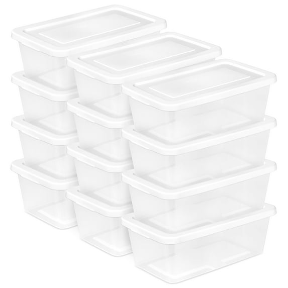 Sterilite 6 Quart Storage Box, Stackable Plastic Container, Home Organizer, White, 12 Pack