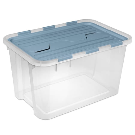 Sterilite 60 Qt Hinged Lid Storage Box, Plastic Container, Washed Blue, 18 Pack