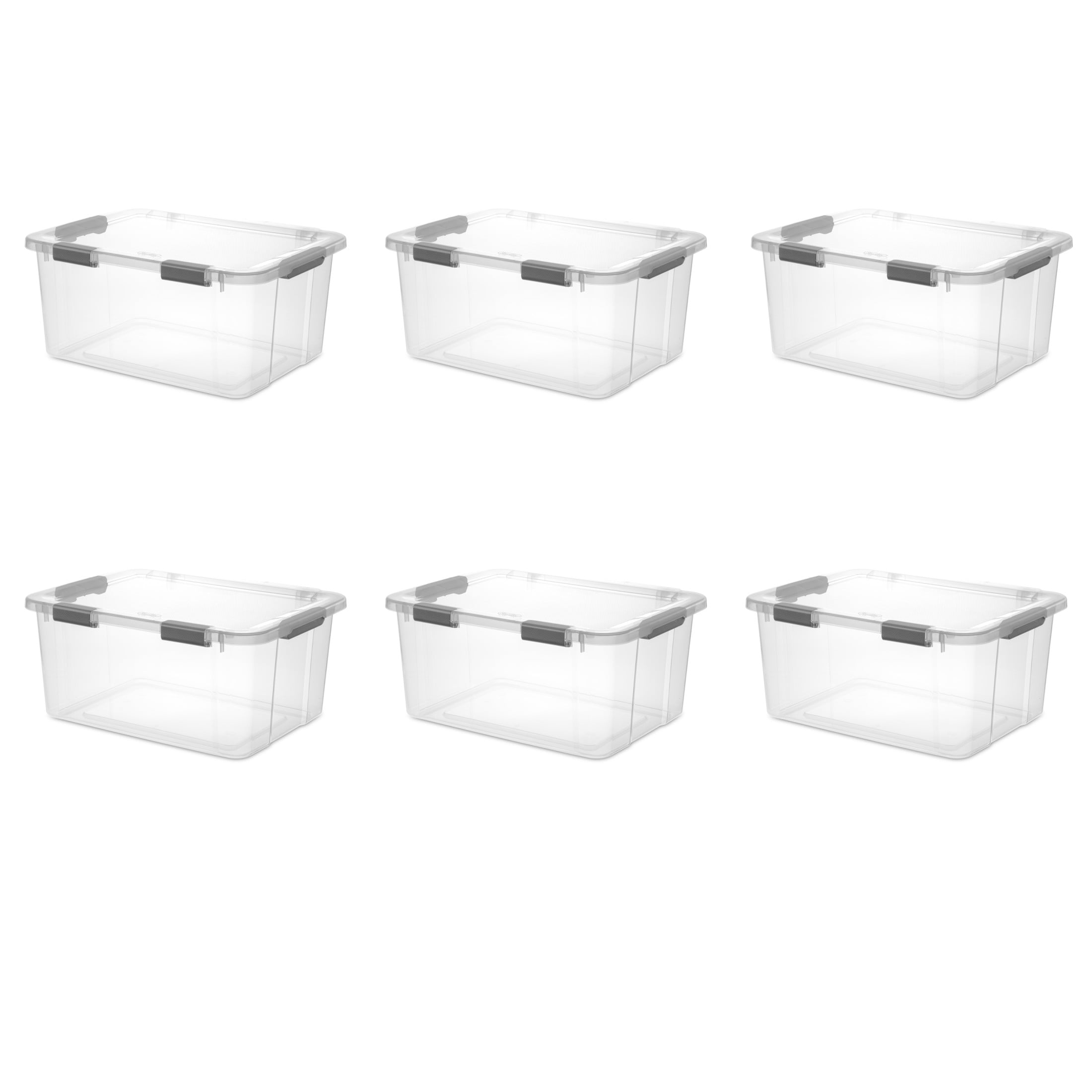 Sterilite 60 Quart HingeLID Clear Storage Bin with Latch Lid and Comfort Grip, Dark Gray, 6 Pack