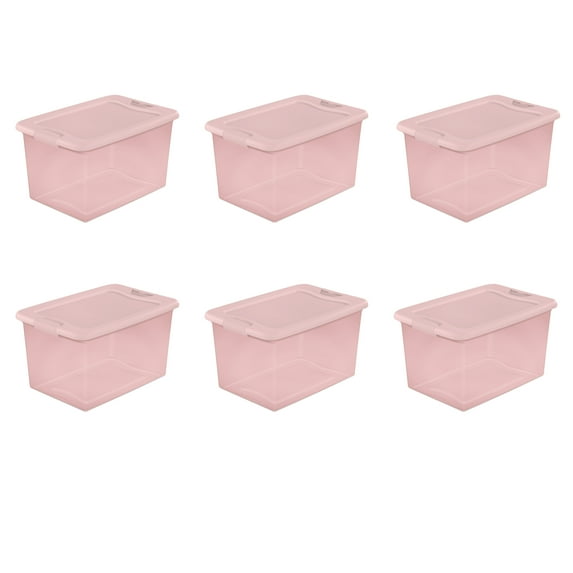 Sterilite Latching Storage Bin, 64 Quart Clear Plastic Storage Container with Latch Lid, Pink Tint, 6 Pack