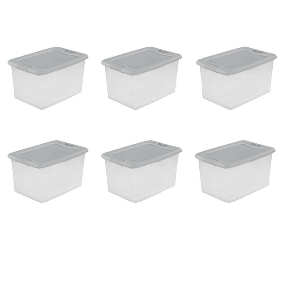 Sterilite Latching Storage Bin, 64 Quart Clear Plastic Storage Container with Latch Lid, Silver Tint, 6 Pack