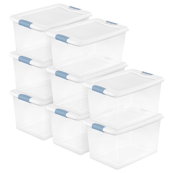 Sterilite 64 Qt Latching Box Stackable Plastic Storage Container with Lid, White, 8 Pack