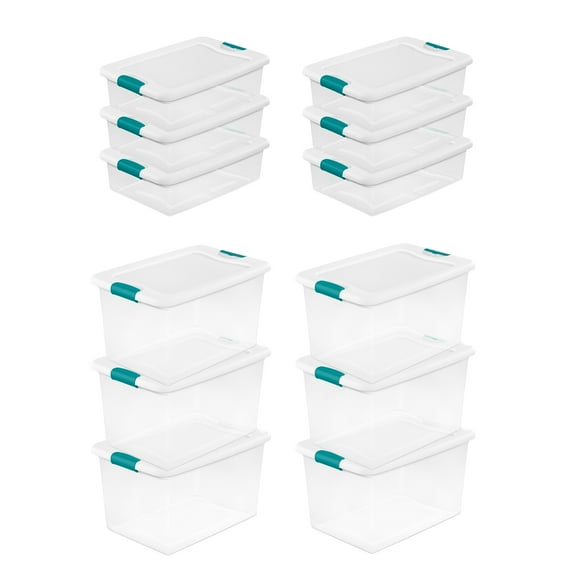 Sterilite Storage Containers Stackable - Clear Plastic, Handles - 12 Pack, 64 Qt & 32 Qt