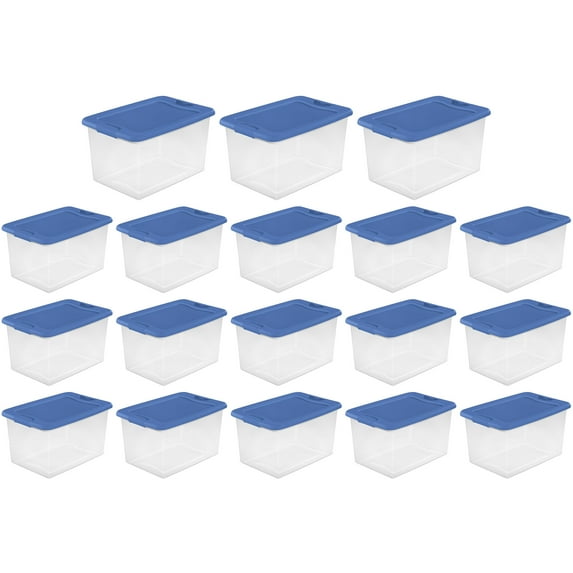 Sterilite 64 Quart Clear Plastic Latching Storage Container, Blue (18 Pack)