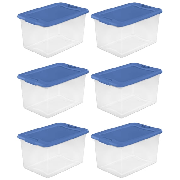 Sterilite 64 Quart Clear Plastic Latching Storage Container, Blue (6 Pack)