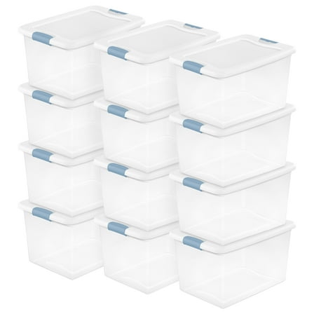 Sterilite 64 Quart Clear Plastic Storage Bin with White Latch Lid, 12 Pack