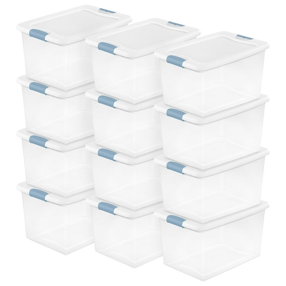 Sterilite 64 Quart Clear Plastic Storage Bin with White Latch Lid, 12 Pack