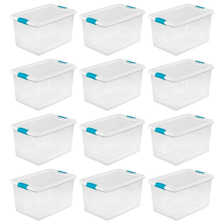  Sterilite 64 Qt Latching Storage Box, Stackable Bin with Latch  Lid, Plastic Container to Organize Clothes in Closet, Clear with White Lid,  30-Pack