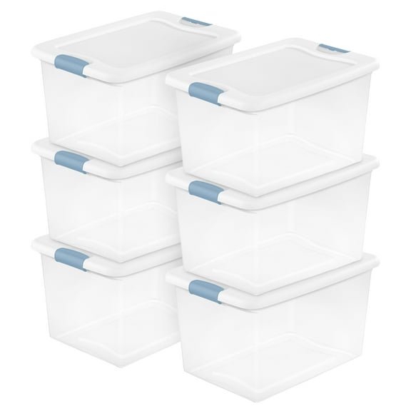 Sterilite 64 Quart Clear Plastic Storage Bin with White Latch Lid, (6 Pack)