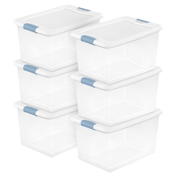 Sterilite 64 Quart Clear Plastic Storage Bin with White Latch Lid, (6 Pack)