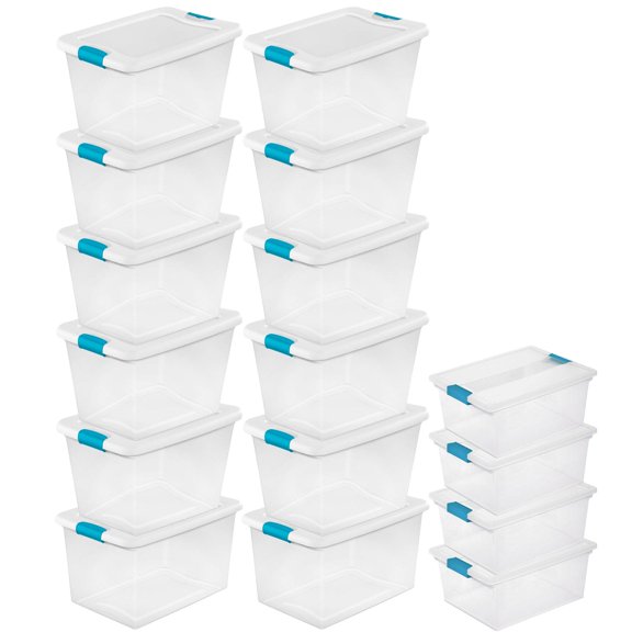 Sterilite 64 Quart Latching Storage Tote, 12 Pack & Deep Clip Box, 4 Pack