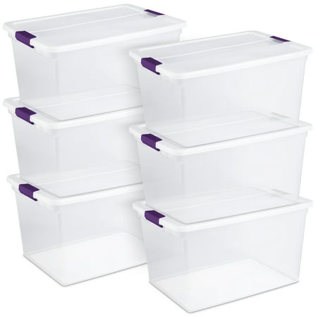 Sterilite 66 Quart Clear Plastic Latching Storage Container Tote, 6 Pack