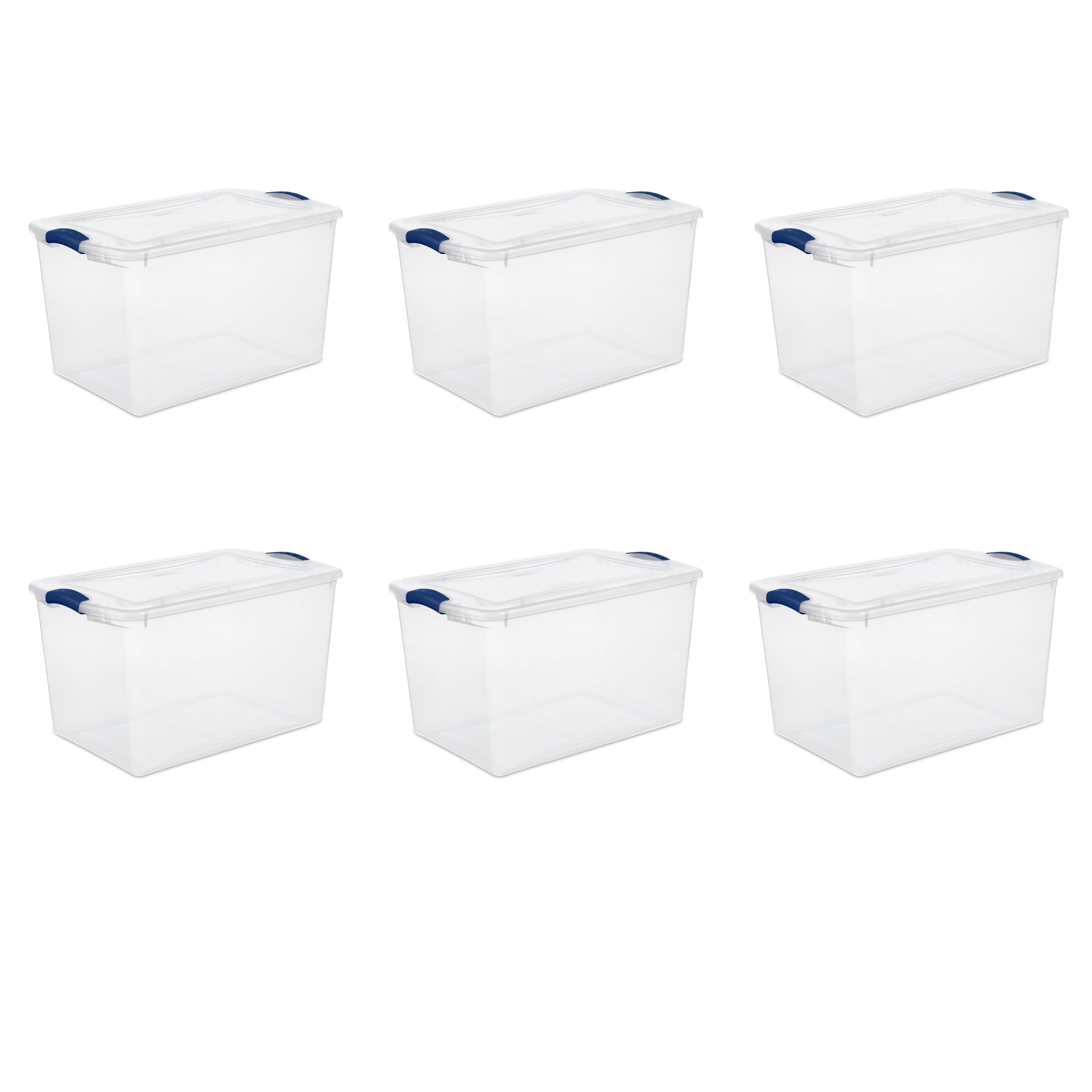 Sterilite 66 Quart Latch Box, Clear Plastic Storage Bin with Clear Lid, Blue Latch, 6 Pack