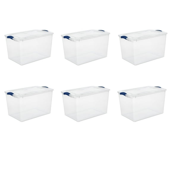 Sterilite 66 Quart Latch Box, Clear Plastic Storage Bin with Clear Lid, Blue Latch, 6 Pack