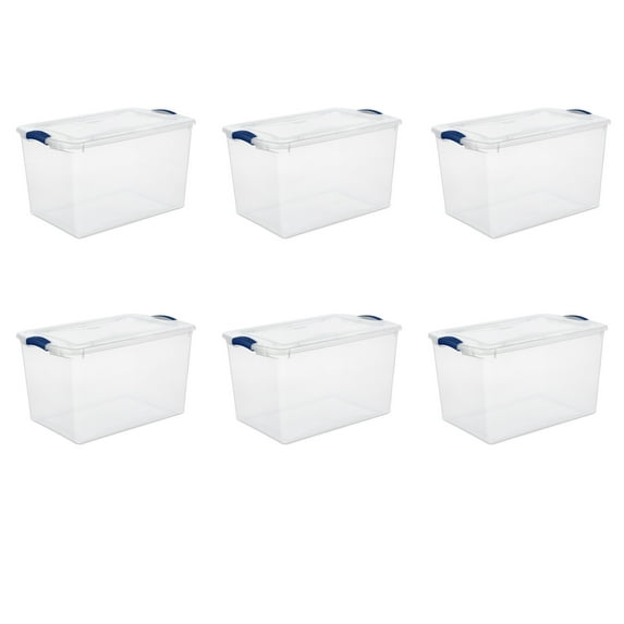 Sterilite 66 Quart Latch Box, Clear Plastic Storage Bin with Clear Lid, Blue Latch, 6 Pack