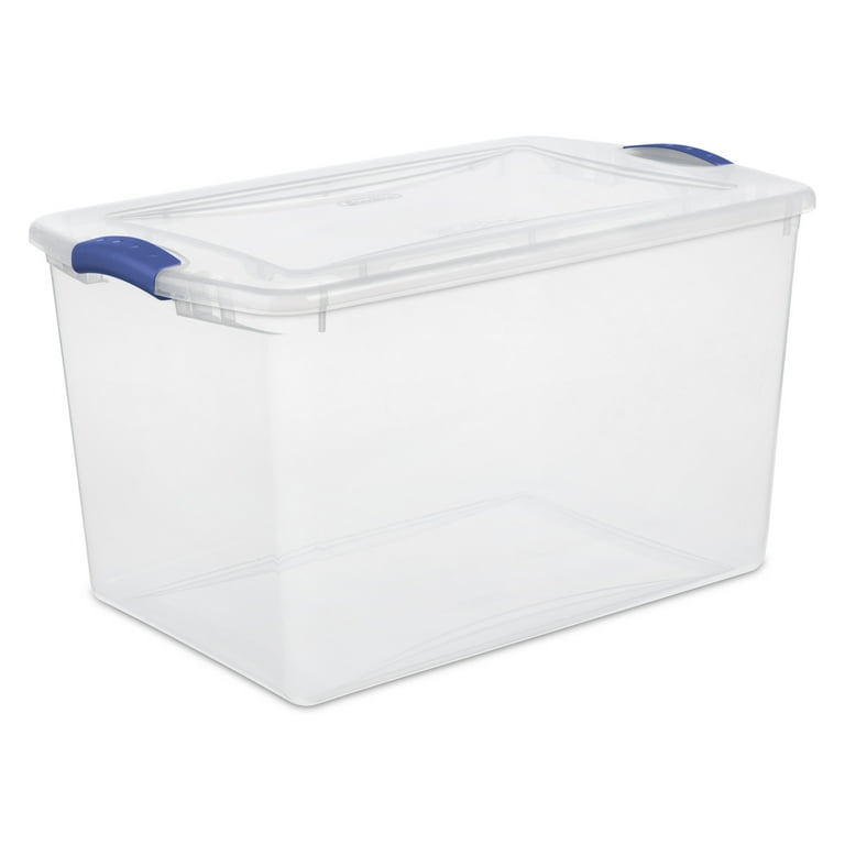 Sterilite Large Storage Bin 66 Quart Clear Plastic Storage Container with Latch Lid Blue