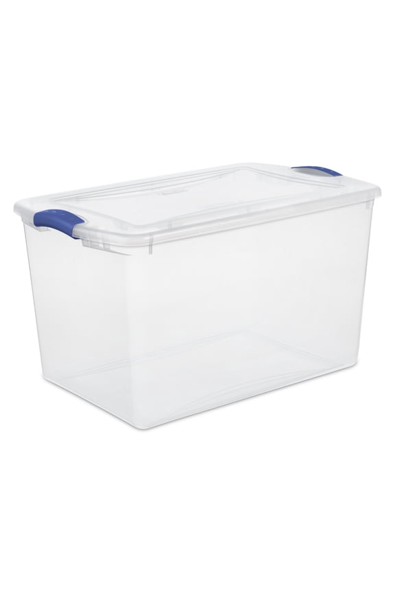 66 Quart Large Latching Storage Bin, Clear Plastic Storage Container with Latch Lid, Blue