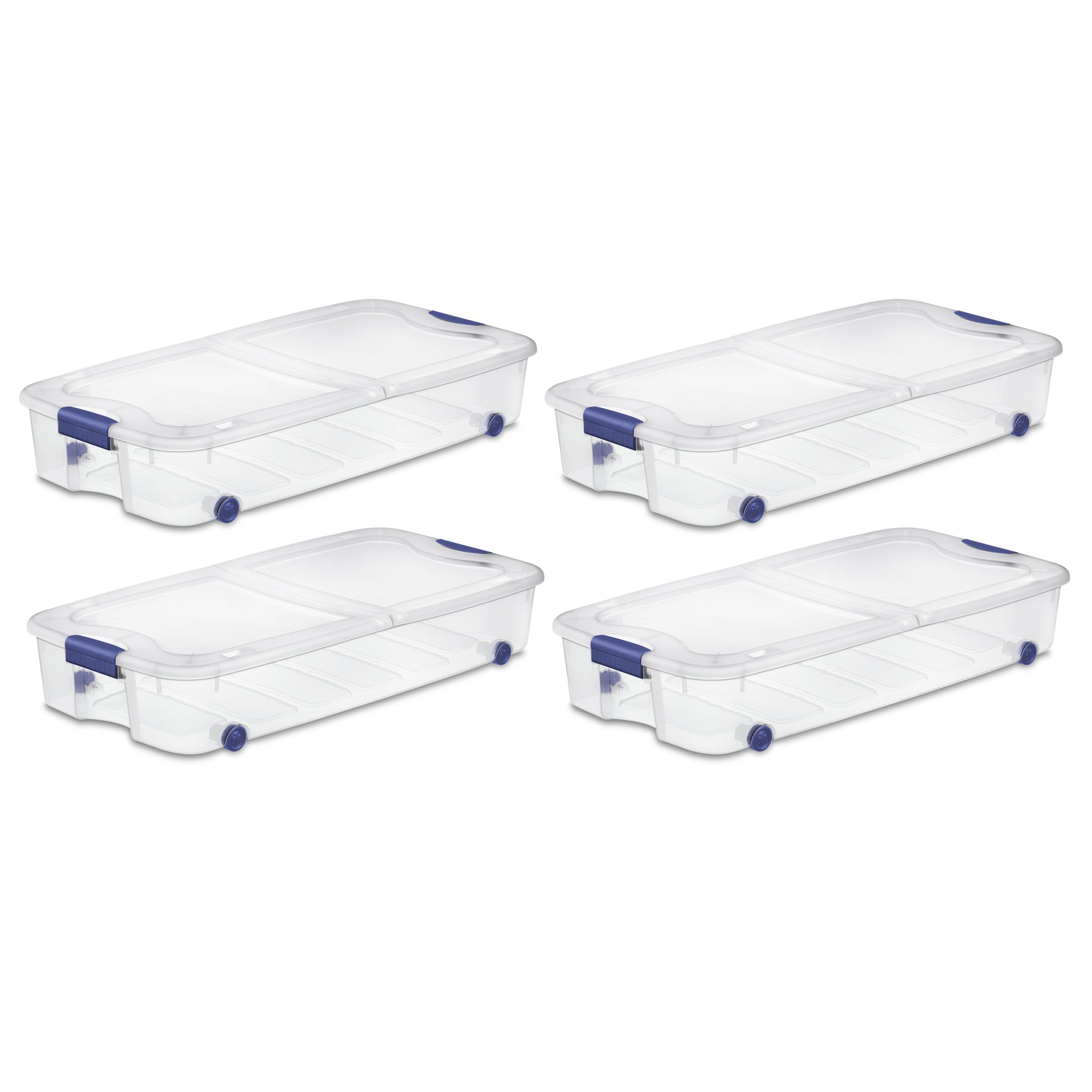 Sterilite 66 Quart Wheeled Latch Box, Clear Underbed Storage Bin with Lid, Blue Latch, 4 Count - Walmart.com