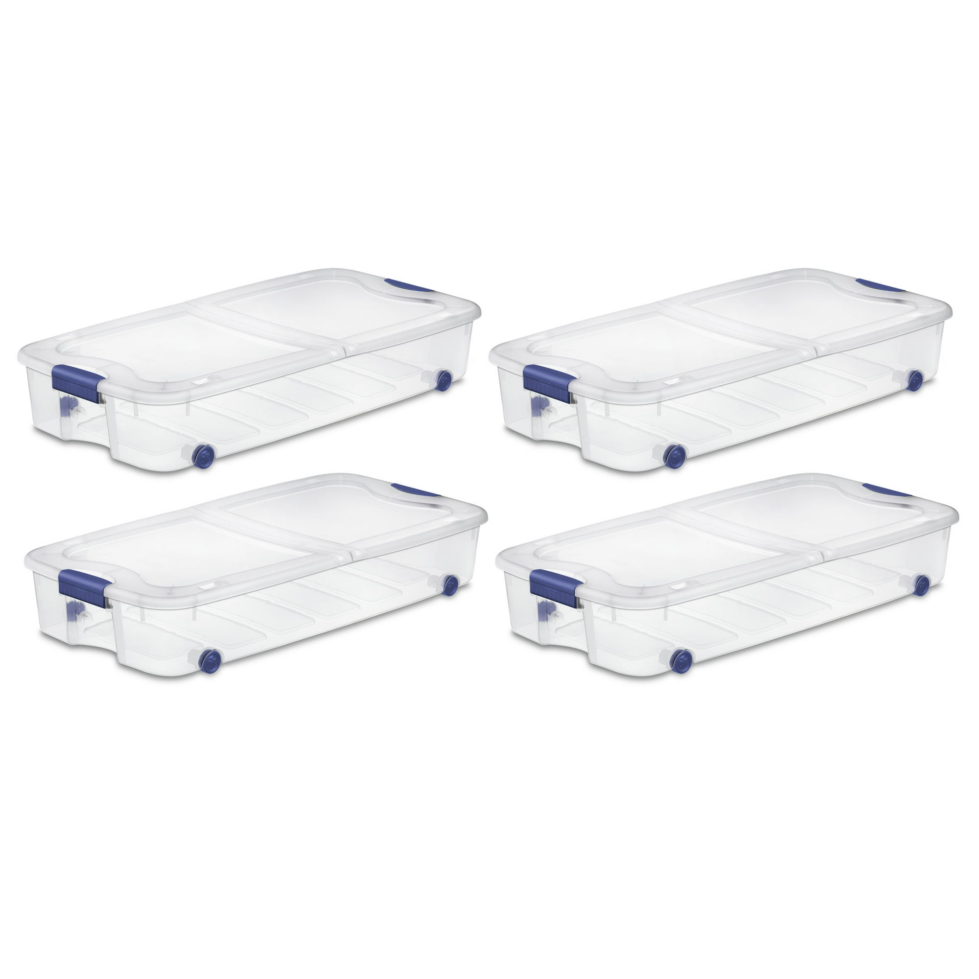Sterilite Latching Wheeled Storage Bin, 66 Quart Clear Underbed Storage Container with Latch Lid, Blue, 4 Pack