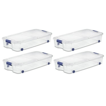 Sterilite 66 Quart Wheeled Latch Box, Clear Underbed Storage Bin with Lid, Blue, 4 Count