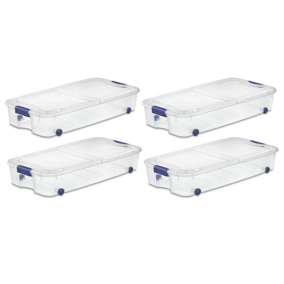 Sterilite 66 Quart Wheeled Latch Box, Clear Underbed Storage Bin with Lid, Blue, 4 Count