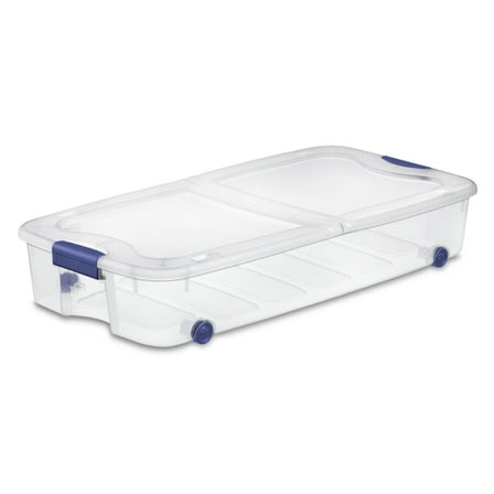 Sterilite Large Storage Bin, 66 Quart Clear Underbed Storage Container with Latch Lid and Wheels, Blue