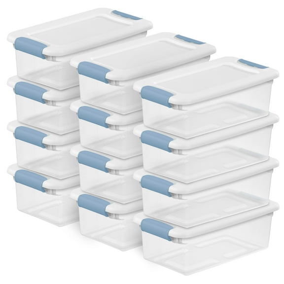 Sterilite 6 Qt Plastic Storage Box, Stackable Totes with Latching Lid, Clear, 12 Pack