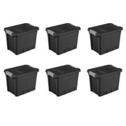 Sterilite 7.5 Gallon Stacker Tote, Durable Plastic Bin with Latch Lid, Black, 6 Pack
