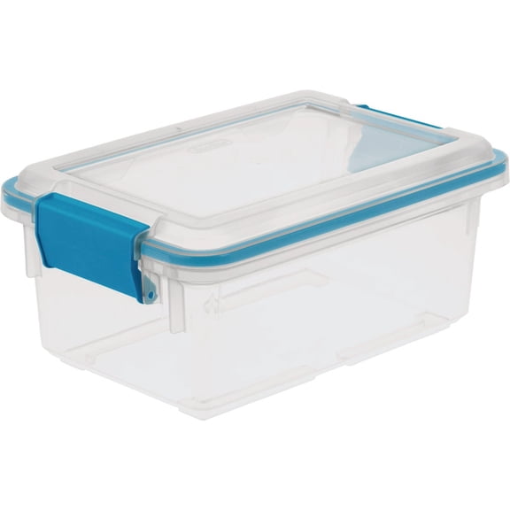 Sterilite 7.5 Qt Gasket Box, Stackable Storage Bin with Latching Lid and Tight Seal, Plastic Container to Organize Basement, Clear Base, Lid, 12-Pack