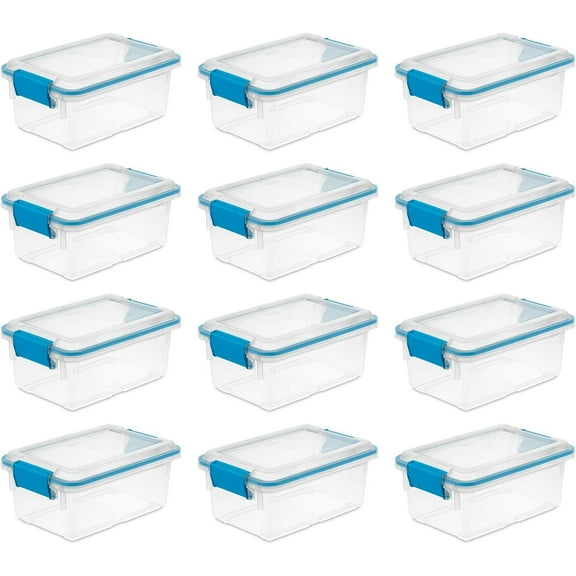 Sterilite 7.5 Qt Gasket Box, Stackable Storage Bin with Latching Lid and Tight Seal, Plastic Container to Organize Basement, Clear Base, Lid, 12-Pack