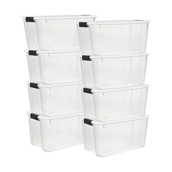 Sterilite 70 Quart Clear Plastic Storage Bin with White Latch Lid, 8 Pack