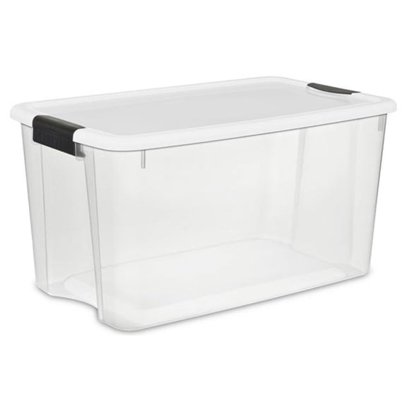 Sterilite 70 Quart Clear Plastic Storage Bin with White Lid & Black Latch