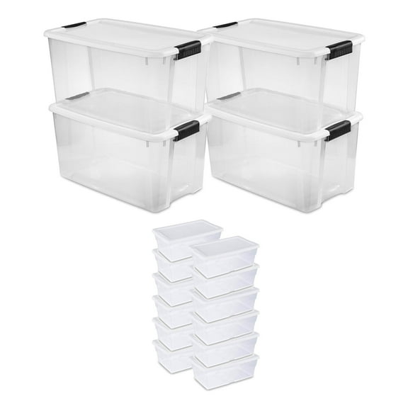 Sterilite 70 Quart Storage Container Box w/Latching Lid (4 Pack) & 6 Quart Tote (12 Pack)