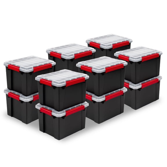 Sterilite 8.5 Gal Gasket Box, Stackable Plastic Storage Container with Lid, Black, 12 Pack