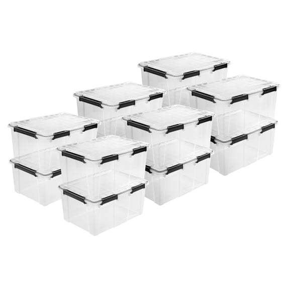 Sterilite 80 Qt Gasket Box, Stackable Plastic Storage Container with Lids, Black, 12 Pack